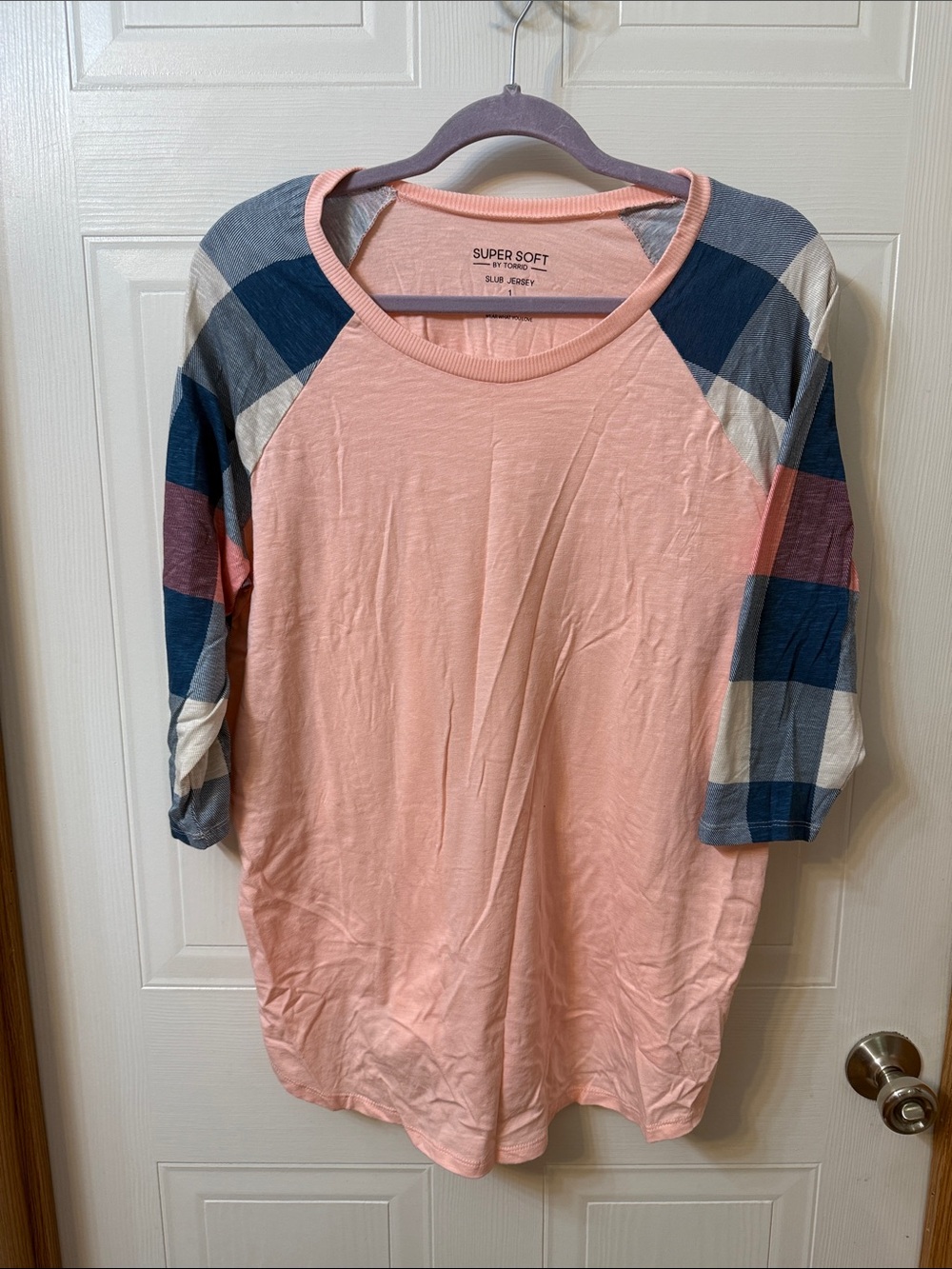 torrid Peach Raglan Tee with Navy & Cream Plaid Sleeves